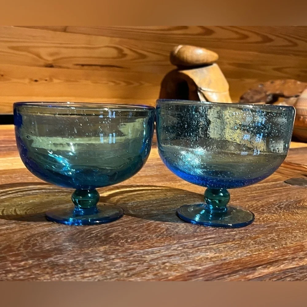 Set of 2 VTG Cobalt Blue Hand Blown Footed Bubble Glass Dessert Bowls Art Glass